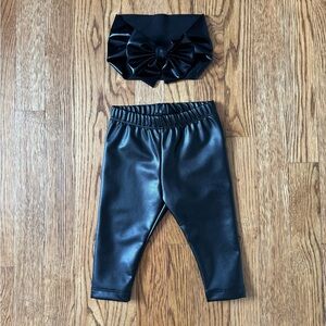 Black Vegan-Leather pull-on leggings + Faux leather head wrap - 6-12 Months